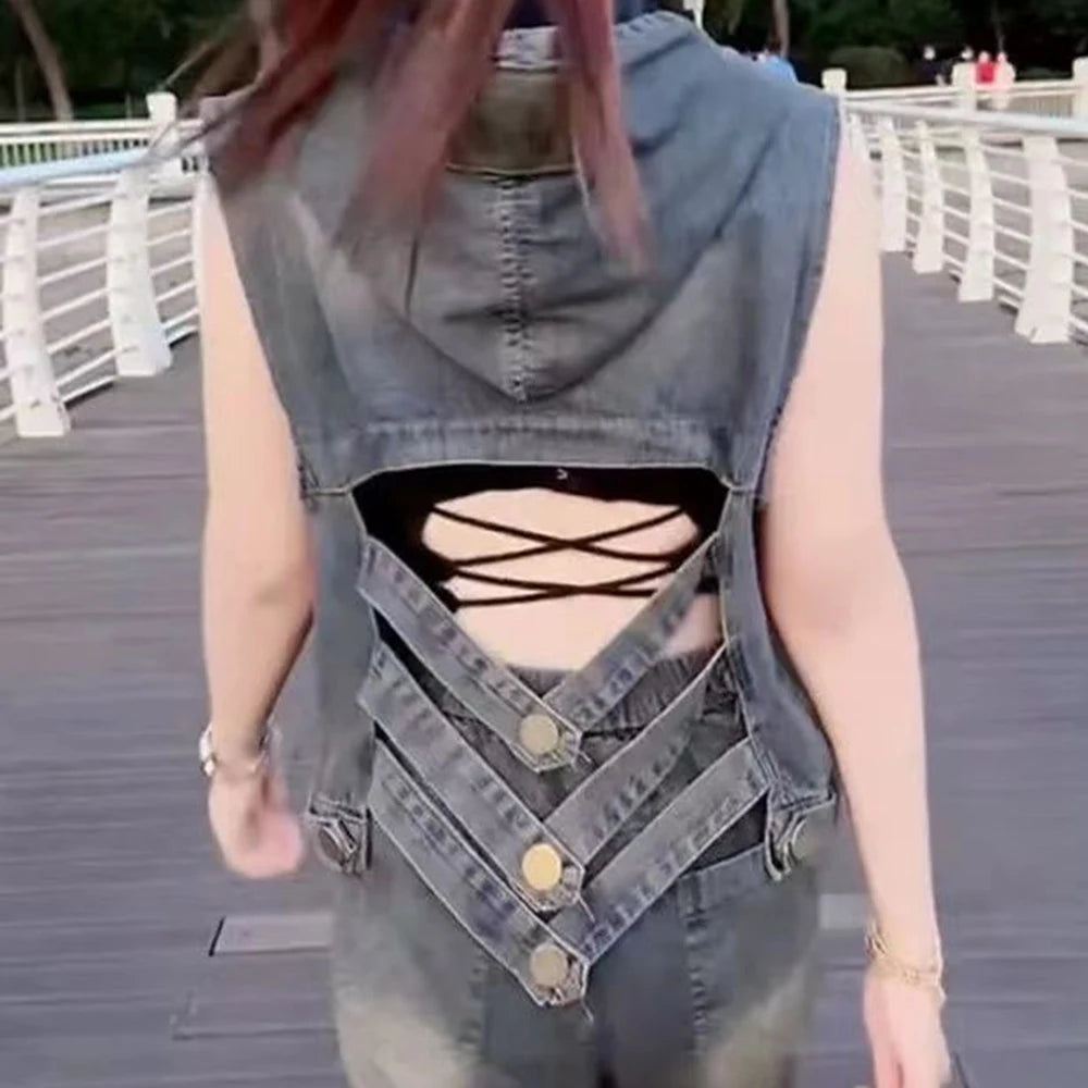 Women's style backless fashion simple jean vest  lightweight