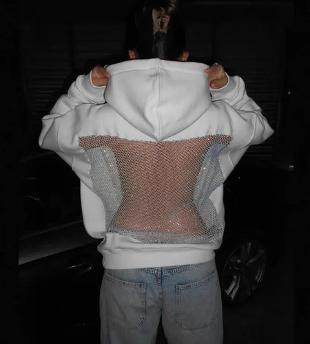 Streetwear Trendy Hoodie Women Fashion Solid Color See Through Backless Hooded Pullover Sweatshirt Female