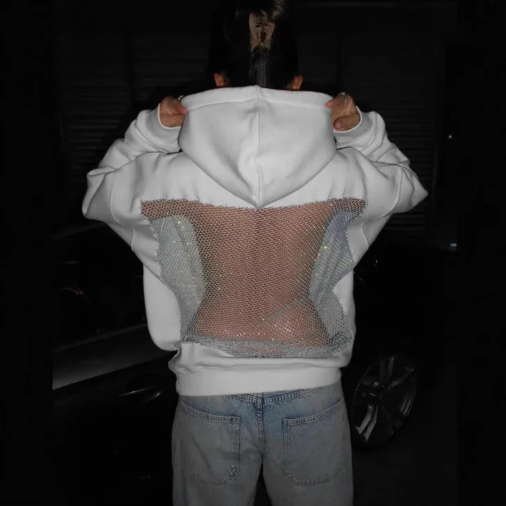 Streetwear Trendy Hoodie Women Fashion Solid Color See Through Backless Hooded Pullover Sweatshirt Female
