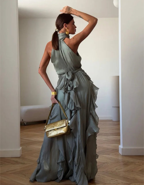 Load image into Gallery viewer, Women's Sleeveless Halter Neck Ruffle Maxi Dress Elegant Chiffon Tiered Waist Cinching Ankle-Length Solid Color Party Dress
