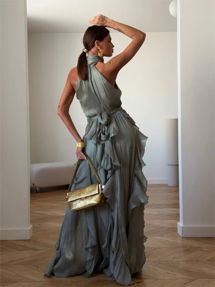 Women's Sleeveless Halter Neck Ruffle Maxi Dress Elegant Chiffon Tiered Waist Cinching Ankle-Length Solid Color Party Dress