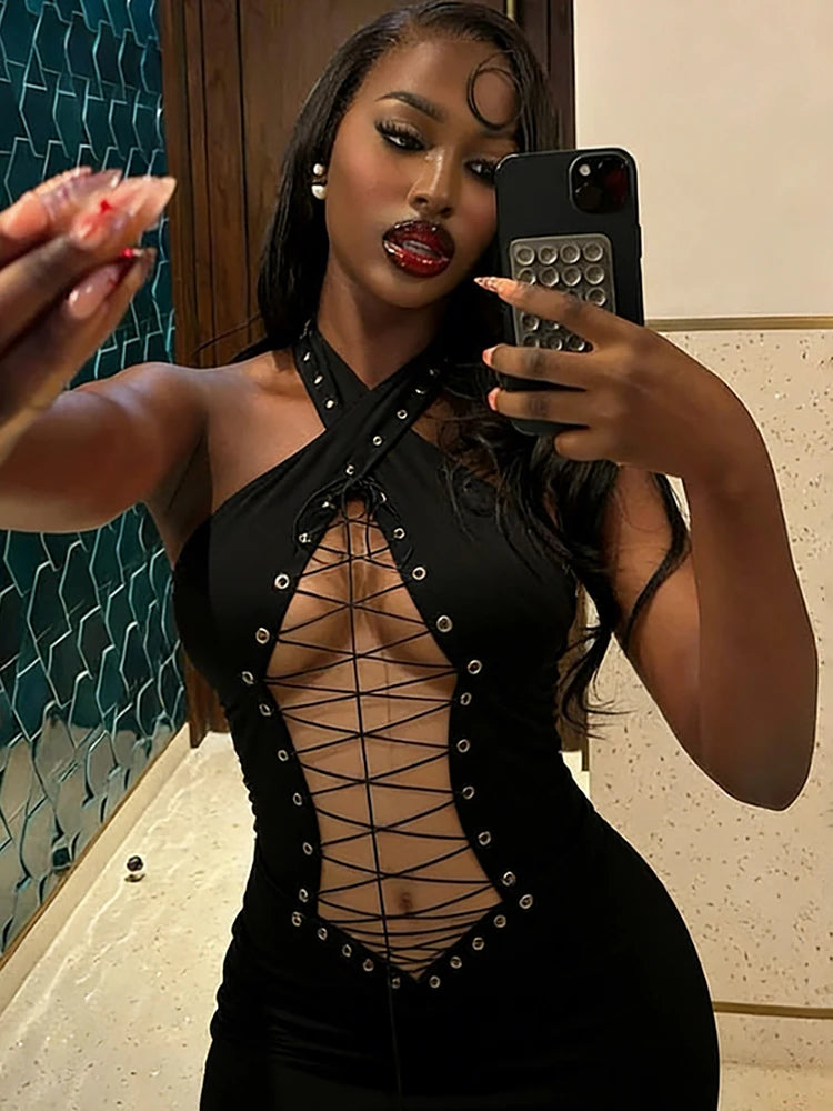 Women's Sexy Hollow Long Halter Backless Cross Bandage Decoration High Waist