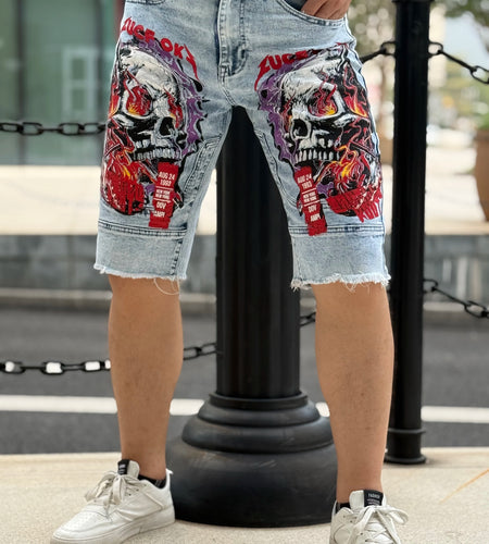 Trendy Men's Denim Shorts   Fashion Devil Print   Washed and Antique Finish   Hole and Wear Effects