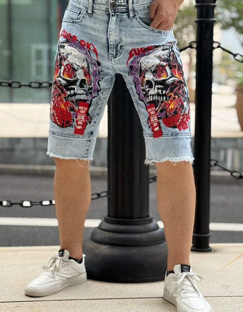 Load image into Gallery viewer, Trendy Men's Denim Shorts   Fashion Devil Print   Washed and Antique Finish   Hole and Wear Effects
