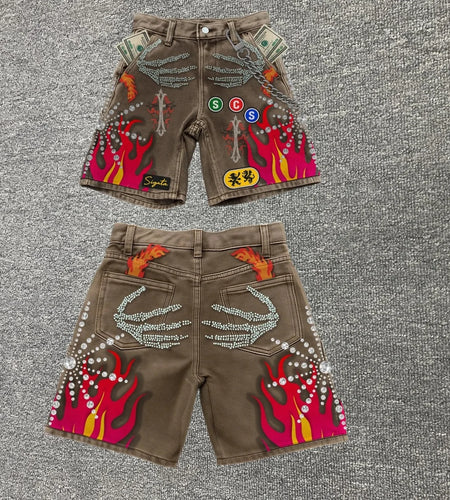Embroidered Shorts Y2K Streetwear Men Hip Hop Baggy Denim Shorts