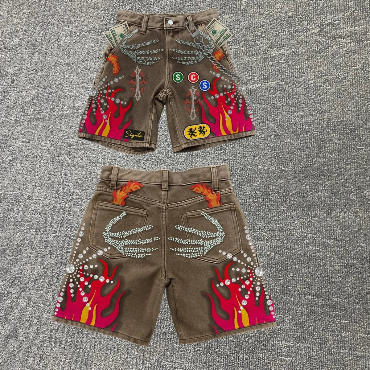 Embroidered Shorts Y2K Streetwear Men Hip Hop Baggy Denim Shorts