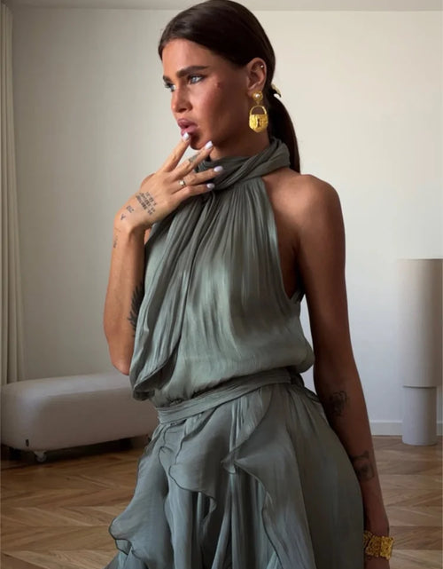Load image into Gallery viewer, Women's Sleeveless Halter Neck Ruffle Maxi Dress Elegant Chiffon Tiered Waist Cinching Ankle-Length Solid Color Party Dress
