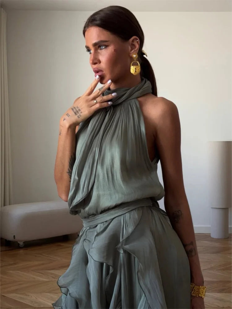 Women's Sleeveless Halter Neck Ruffle Maxi Dress Elegant Chiffon Tiered Waist Cinching Ankle-Length Solid Color Party Dress
