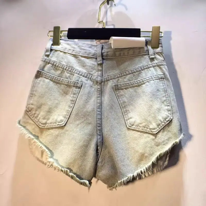 Trendy Women's  Pearl Chain Denim Shorts 2026 Summer High Waist A-line