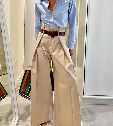 2026 Women's Fashion Commuter Pants Apricot Elastic High Waist Pleated Trousers Full-Length Wide Leg Bottoms for Female