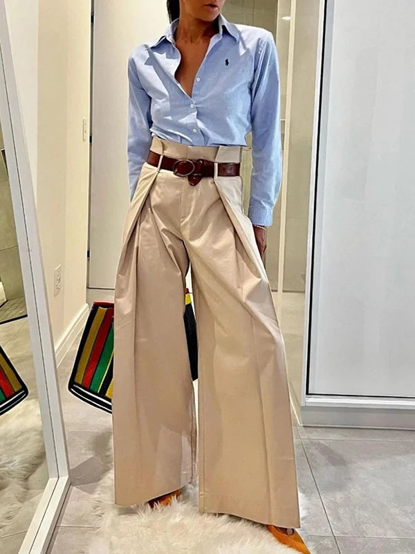 2026 Women's Fashion Commuter Pants Apricot Elastic High Waist Pleated Trousers Full-Length Wide Leg Bottoms for Female