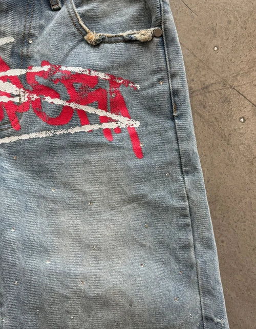 Load image into Gallery viewer, Men's Graffiti Shorts Rhinestone Distressed Printed Denim Shorts
