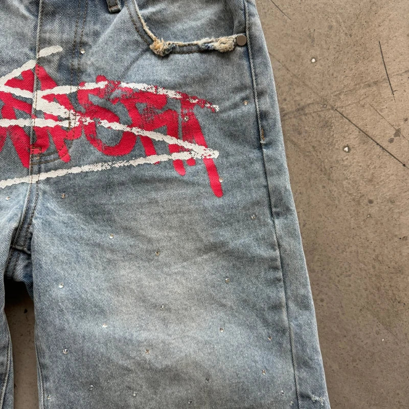 Men's Graffiti Shorts Rhinestone Distressed Printed Denim Shorts