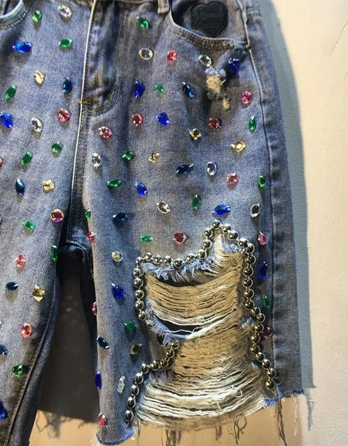 Load image into Gallery viewer, Women Summer Bedazzled  High Waist Stretch Distressed Washed Diamonds Shorts
