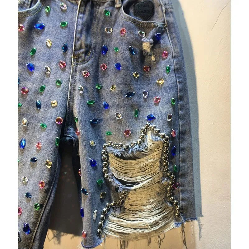 Women Summer Bedazzled  High Waist Stretch Distressed Washed Diamonds Shorts