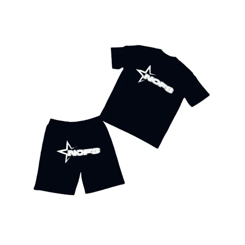 Y2K T-shirt Short Kpop Street Fashion Print Unisex Short Sleeve Tops Casual Loose Drawstring Shorts Pant