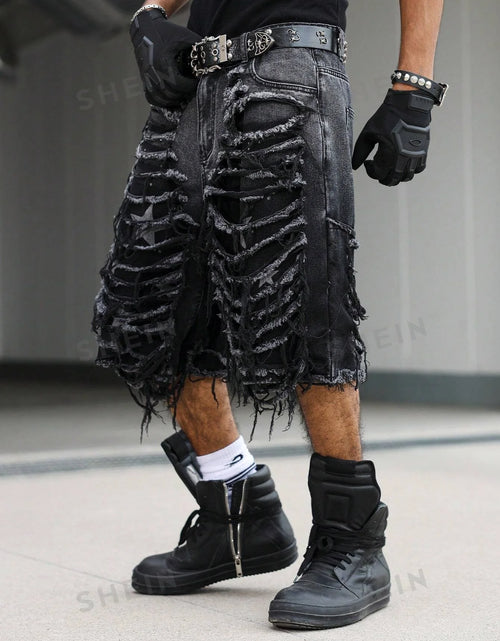 Load image into Gallery viewer, Men's Gothic Vintage Aesthetic Black Washed Ripped Denim Shorts, Summer Trendy Loose Raw Edge Fringed Five-Point Pants
