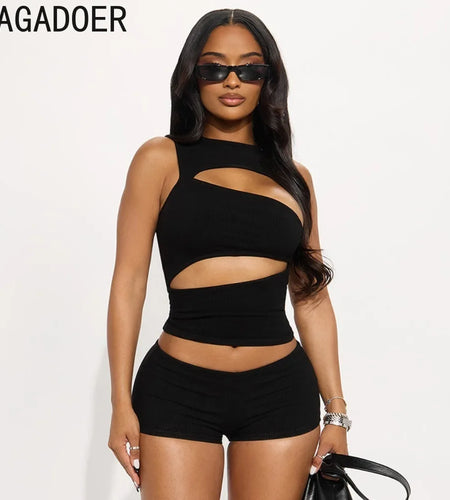 Women's Sexy Hollow-out Two Piece Sets Sleeveless Crop Top + Shorts