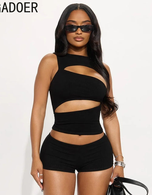 Load image into Gallery viewer, Women's Sexy Hollow-out Two Piece Sets Sleeveless Crop Top + Shorts
