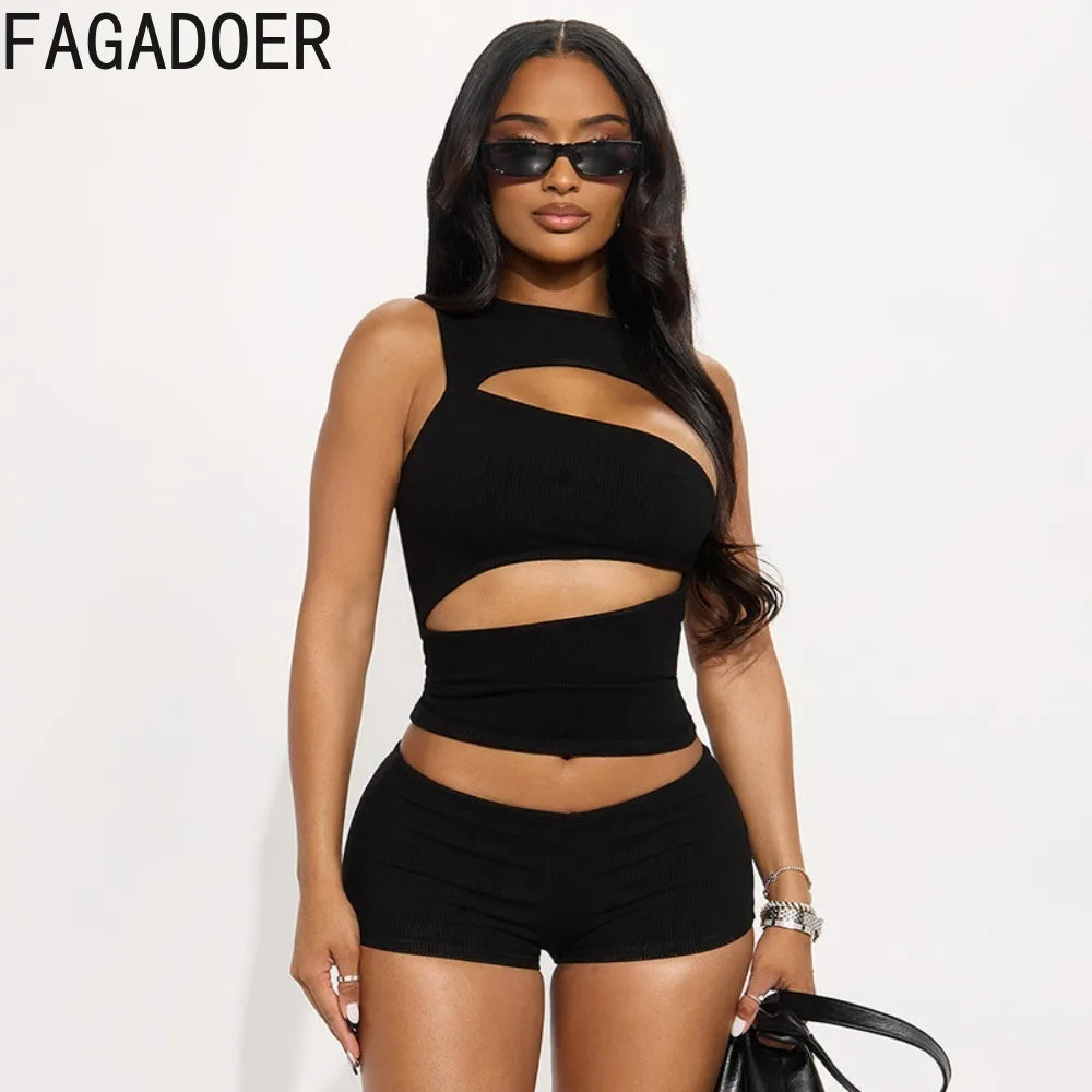 Women's Sexy Hollow-out Two Piece Sets Sleeveless Crop Top + Shorts