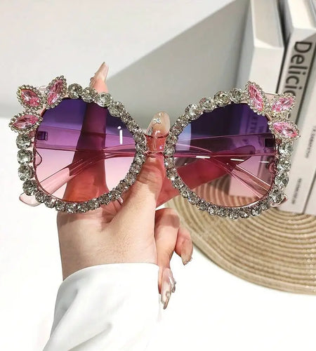 Womens Extra Large Rhinestone Floral Party Sunglasses Gradient Pink Purple Lens