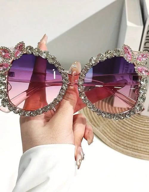 Load image into Gallery viewer, Womens Extra Large Rhinestone Floral Party Sunglasses Gradient Pink Purple Lens
