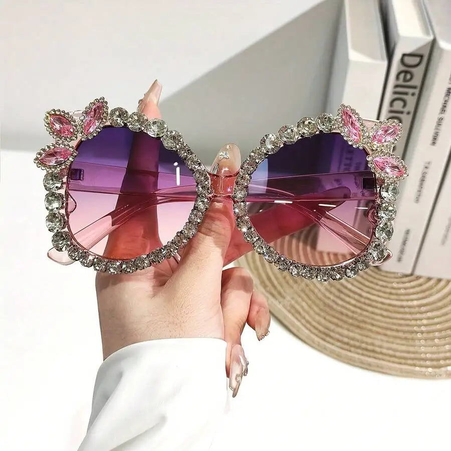 Womens Extra Large Rhinestone Floral Party Sunglasses Gradient Pink Purple Lens