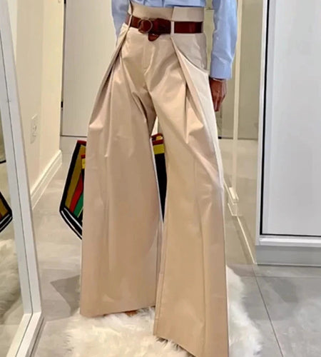2026 Women's Fashion Commuter Pants Apricot Elastic High Waist Pleated Trousers Full-Length Wide Leg Bottoms for Female