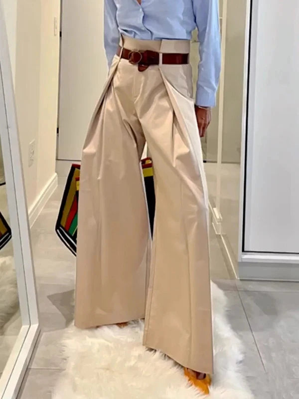 2026 Women's Fashion Commuter Pants Apricot Elastic High Waist Pleated Trousers Full-Length Wide Leg Bottoms for Female