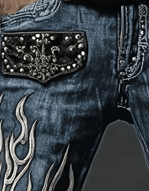 Load image into Gallery viewer, Men's Vintage Washed Straight Leg Denim Jeans, Skull Flame Graphic Print Rivet Studded Design, Loose Fit
