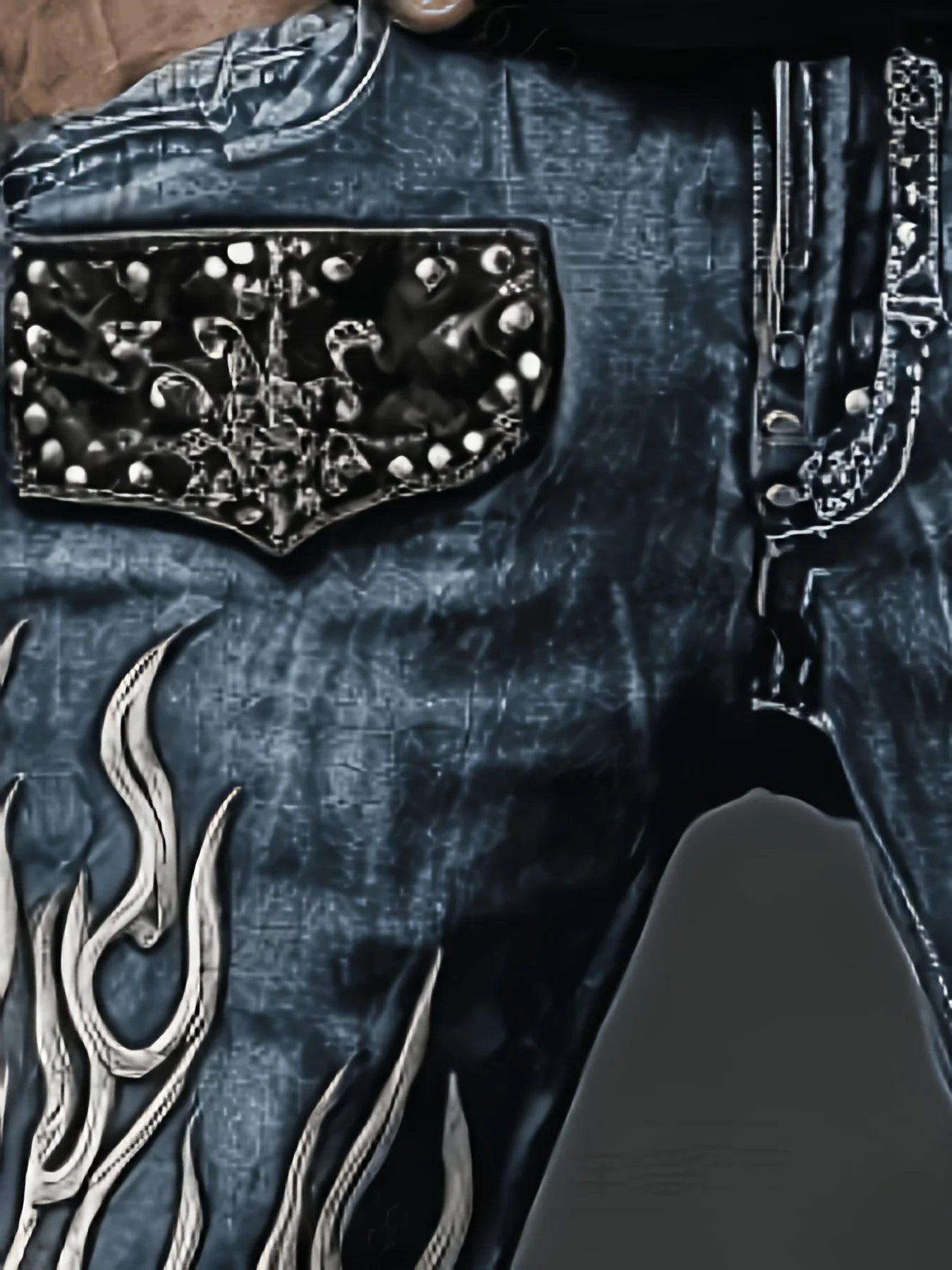 Men's Vintage Washed Straight Leg Denim Jeans, Skull Flame Graphic Print Rivet Studded Design, Loose Fit