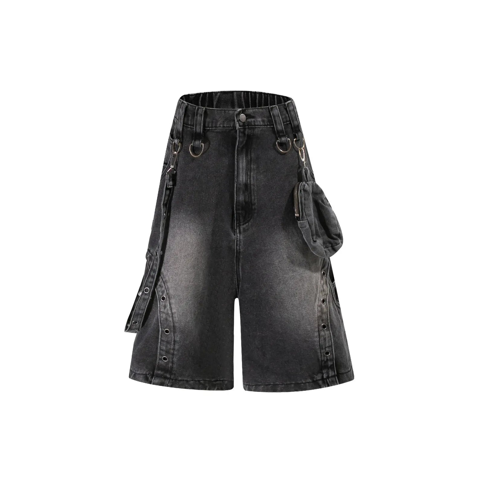 2026 Summer Washed Vintage Punk Jean Shorts With Small Pouch Style Metal Eyelets Spliced Denim Shorts