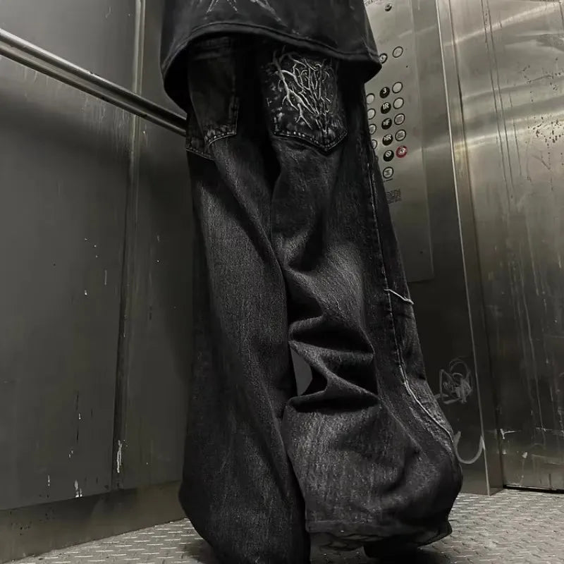Men's Gothic Retro Baggy Y2K Phantom Jeans High Street Spider Embroidered Patch