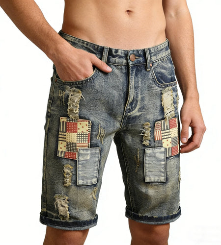 2026 New style Men's summer casual fashion vintage washed denim shorts trendy ripped patchwork vintage style