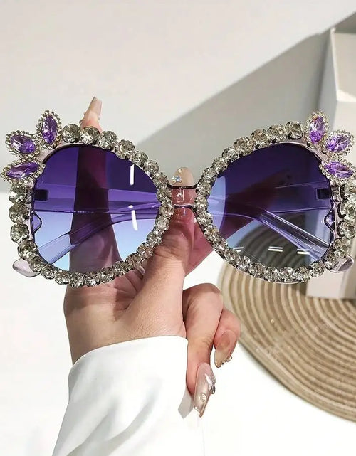 Load image into Gallery viewer, Womens Extra Large Rhinestone Floral Party Sunglasses Gradient Pink Purple Lens
