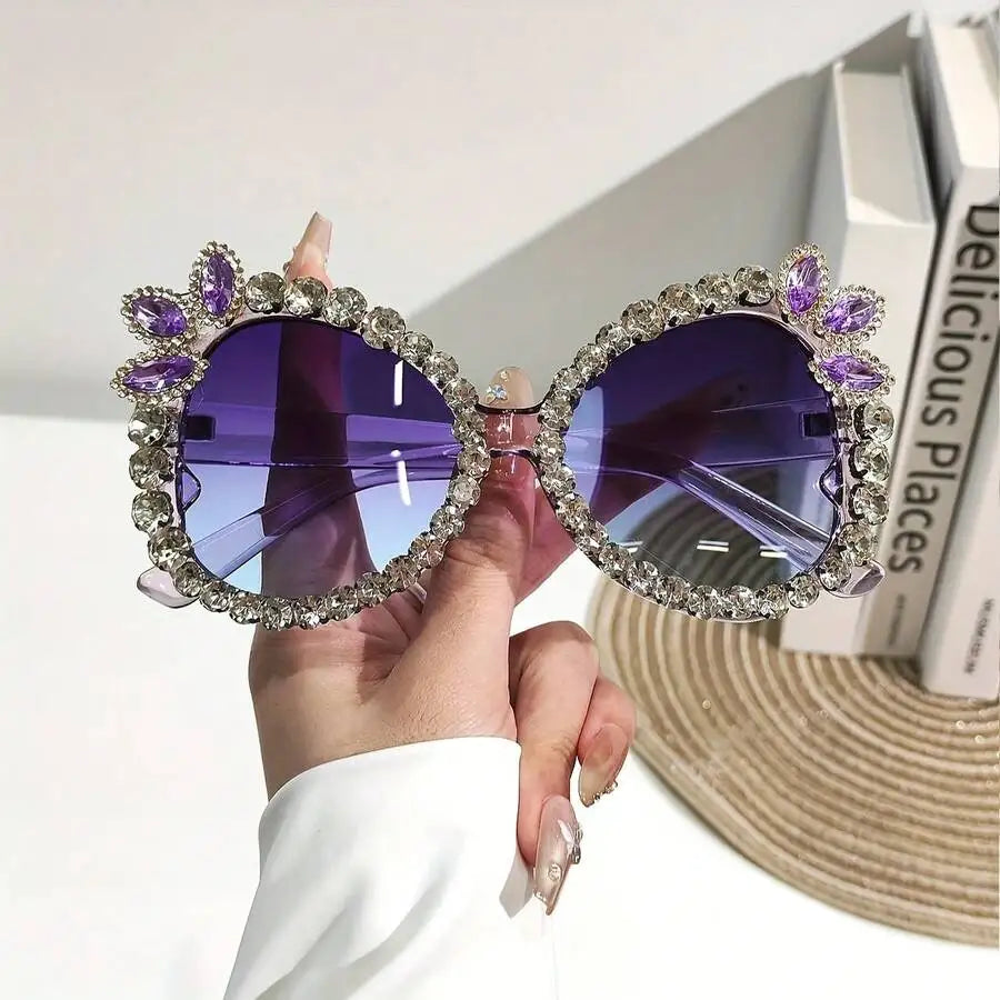 Womens Extra Large Rhinestone Floral Party Sunglasses Gradient Pink Purple Lens