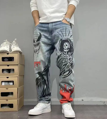 Men's Retro American Street Hip Hop Flame Skull Print Jeans