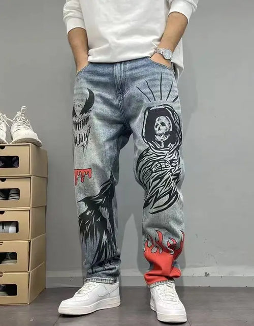 Load image into Gallery viewer, Men's Retro American Street Hip Hop Flame Skull Print Jeans
