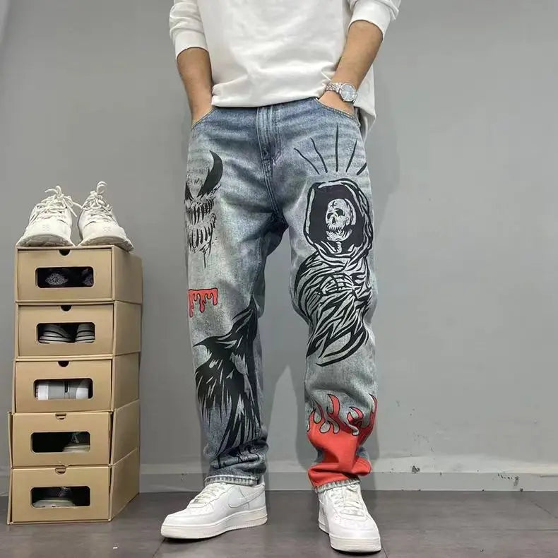 Men's Retro American Street Hip Hop Flame Skull Print Jeans
