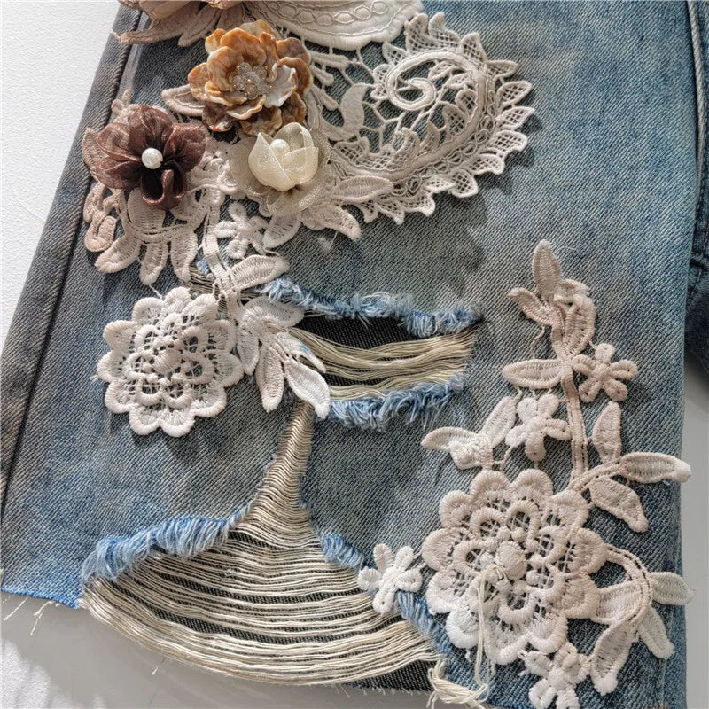 Women's Denim Shorts Elastic Waist Distressed Patchwork Lace Flowers 2026 Summer New Fashion