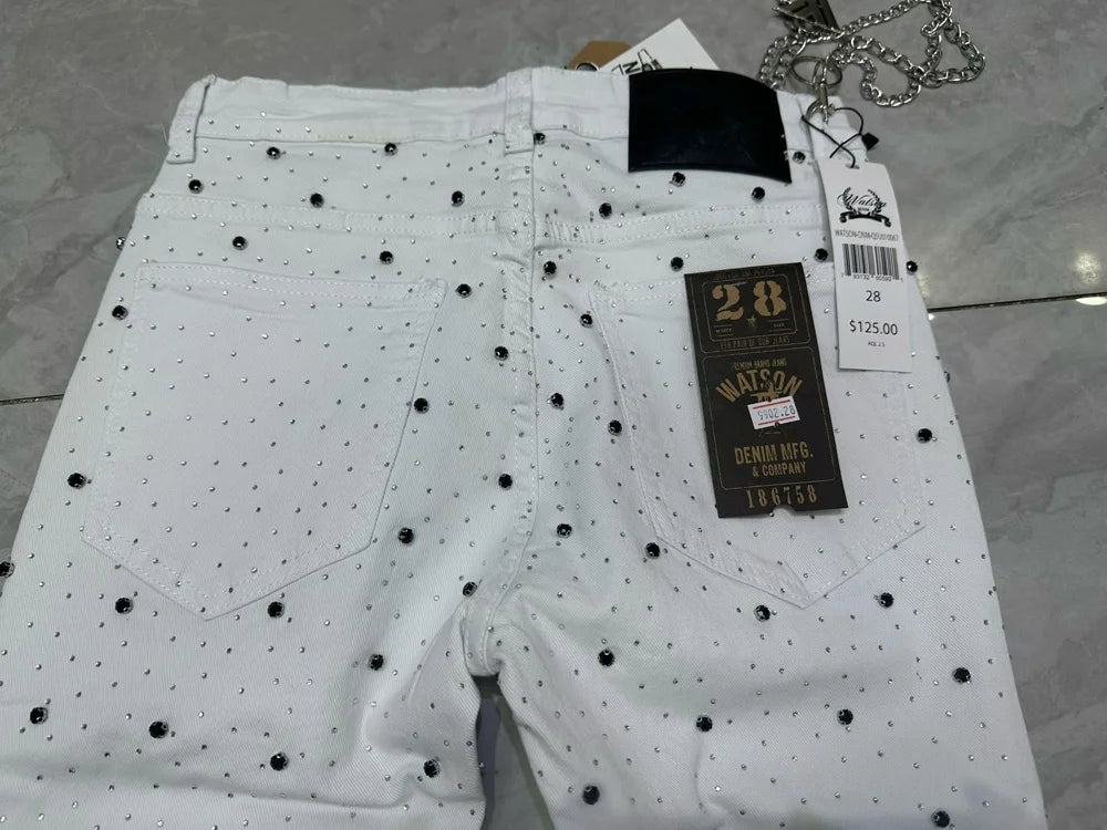 2026 Rhinestone Men's High Street quality Slim Fit Skinny long Denim Flared Jeans Pants