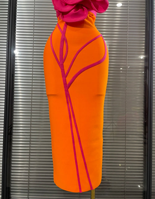 Load image into Gallery viewer, Orange Color Women's Sexy Big Florals Bodycon Dress with Shining Rhinestones Strapless Bandage Dress
