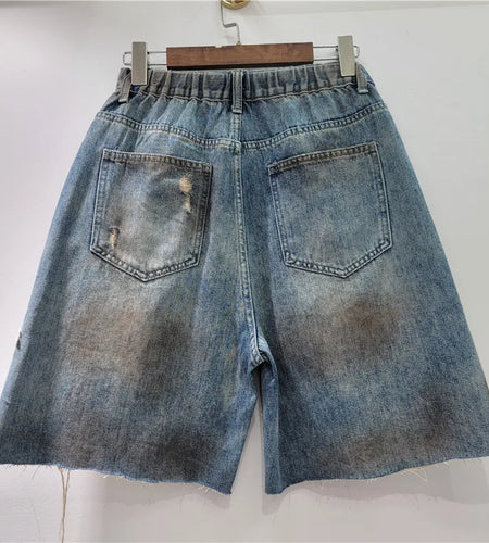 Women's Denim Shorts Elastic Waist Distressed Patchwork Lace Flowers 2026 Summer New Fashion