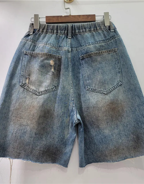 Load image into Gallery viewer, Women's Denim Shorts Elastic Waist Distressed Patchwork Lace Flowers 2026 Summer New Fashion
