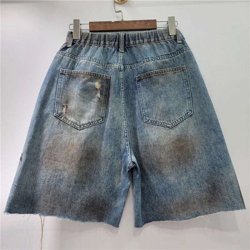 Women's Denim Shorts Elastic Waist Distressed Patchwork Lace Flowers 2026 Summer New Fashion