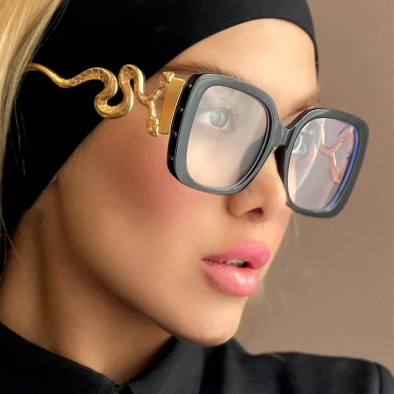 Women Big Square Eyeglasses  Unique Snake Design Trendy Glasses