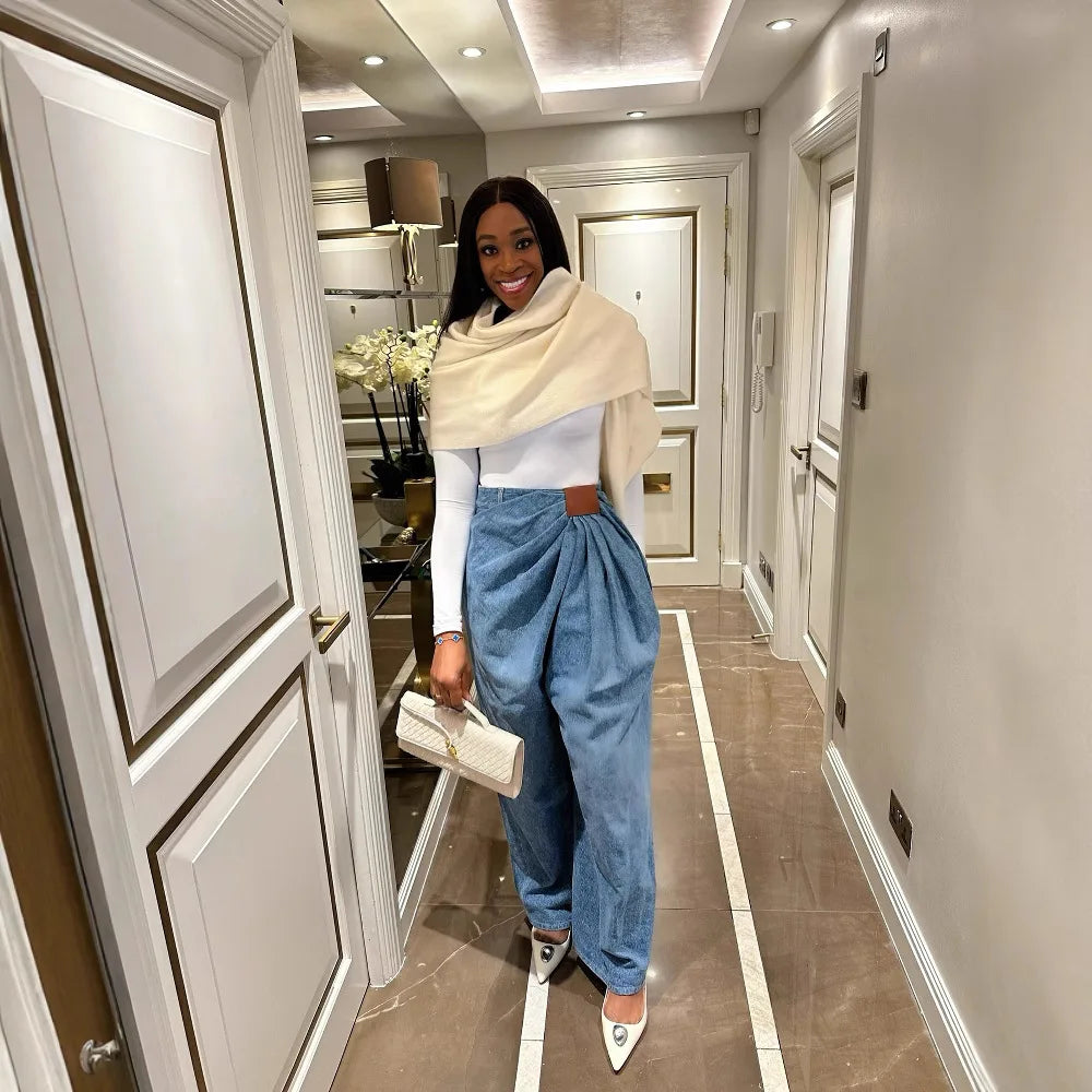 Women Wide Leg Pants High Waist with Folds Design Denims Spring 2026 Vintage Style