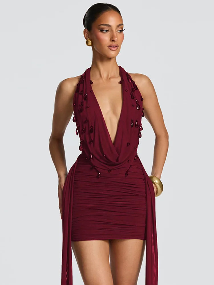 Women's Halter Deep V Neck Backless Sexy Mini Dress