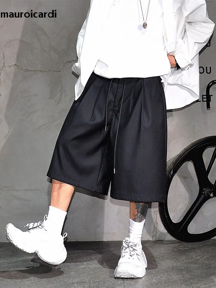 Baggy Casual Black Wide Leg Shorts for Men Elastic Waist Drawstring Loose Fitting