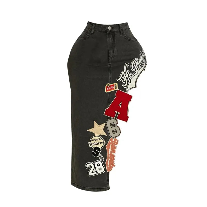 Women's Letter Embroidery Asymmetrical Denim Skirt Vintage Button Fly High Waist Stretch Jeans Calf-length